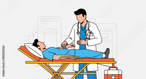 Doctor examining patient lying on stretcher in hospital setting, with medical bag nearby