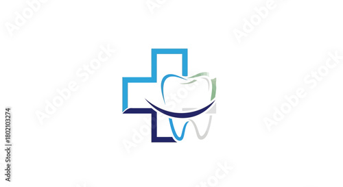 Stylized logo featuring blue medical cross combined with healthy, smiling tooth, representing dental health and care