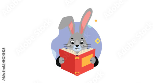 An adorable gray bunny is engrossed in reading a vibrant red book, set against a soft blue backdrop with subtle golden sparkles, illustrating a love for learning.