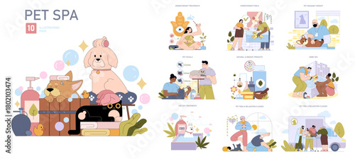Pet Spa Vector Illustrations Featuring Various Treatments