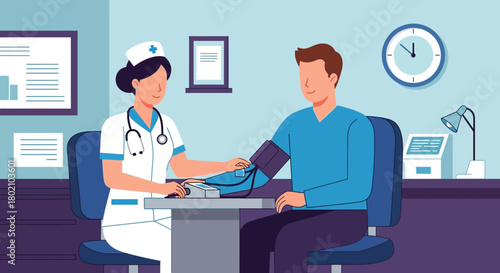 Nurse is taking patients blood pressure in medical office, illustrating healthcare and patient care