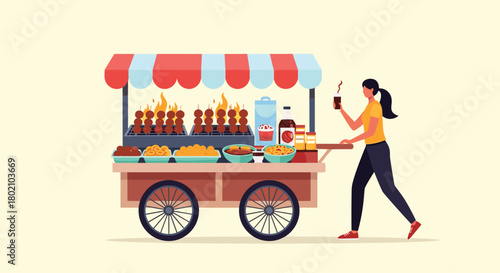 A woman enjoys a beverage while pushing a street food cart filled with grilled skewers, side dishes, and drinks on a sunny day.