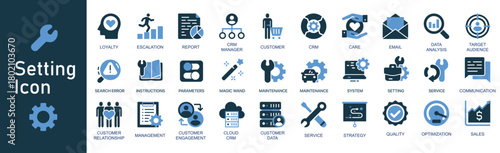 Business Settings and CRM Icon Set – Customer Management, Service Tools, Maintenance, Data Analysis, Optimization, Communication, and Strategy Vector Icons Collection