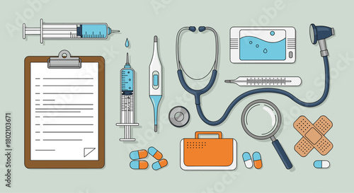 A colorful flat lay arrangement of common medical supplies and tools including syringes, a stethoscope, thermometer, pills, and a medical chart.