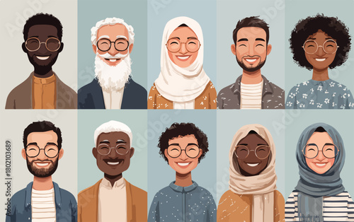 多様な人種と文化を持つ人々の笑顔のポートレート集、ベクターイラストで表現されたグローバルな多様性、親しみやすいアバターアイコン