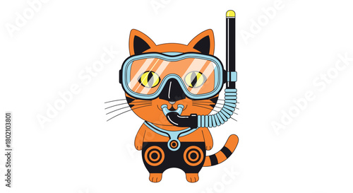 An adorable orange tabby cat wearing scuba diving gear, including a mask and snorkel, stands upright with a playful expression, ready for an underwater adventure.