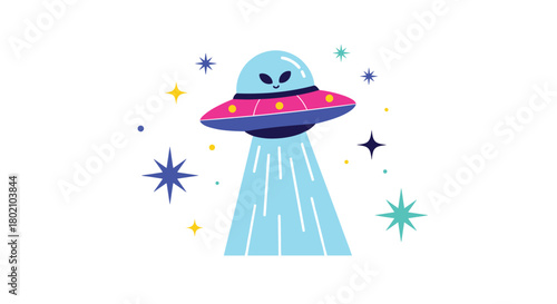 A whimsical illustration depicts a light blue alien piloting a classic flying saucer spaceship surrounded by colorful stars and sparkles, creating a playful cosmic scene.