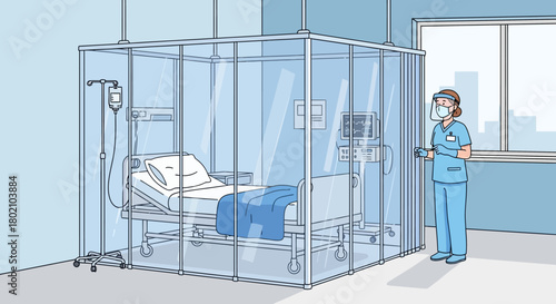 Patient in isolation ward with protective measures, including transparent enclosure, medical equipment, and nurse in ppe, highlighting infection control and critical care