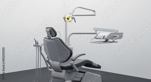 Modern dental chair with examination light and equipment in sterile treatment room, showcasing advanced technology for patient care and oral hygiene procedures