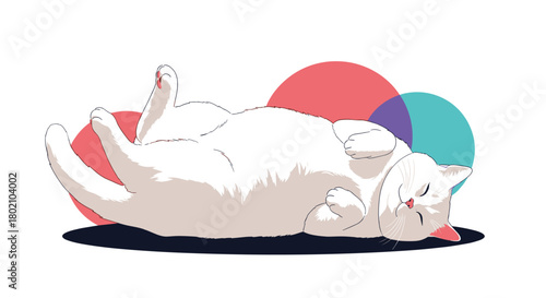 A relaxed white cat lies on its back, paws curled, enjoying a moment of peaceful rest against a backdrop of overlapping colorful circles.