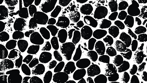 The pattern consists of irregular, rounded black shapes against a white background, mimicking a collection of pebbles or rocks. The design is available as a vector for use in high-end interior design