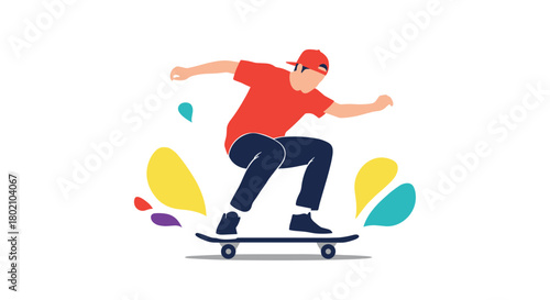A young man skillfully skateboarding, dynamically posed with arms outstretched and legs bent, surrounded by colorful abstract shapes representing motion and energy.