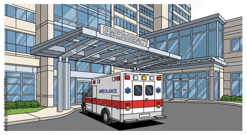 Ambulance arriving at hospital emergency room entrance with modern building facade and canopy