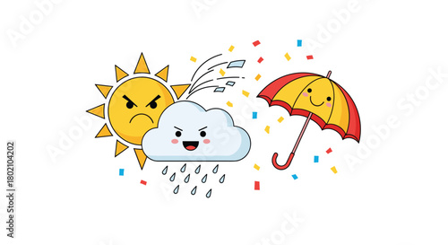 Cartoon illustration depicting a conflict between a grumpy sun and a mischievous cloud, while a cheerful umbrella offers protection from the rain.