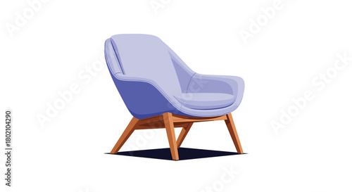 A modern, comfortable armchair with a light lavender upholstered seat and wooden legs is presented in a minimalist style, perfect for interior design concepts.