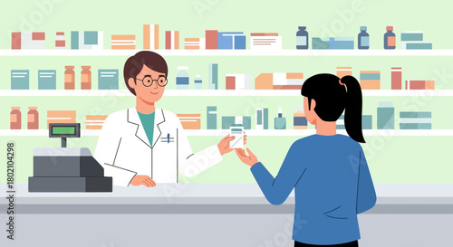 Pharmacist in coat handing medication bottle to customer at pharmacy counter, with shelves medicines in the, illustrating healthcare and prescription services