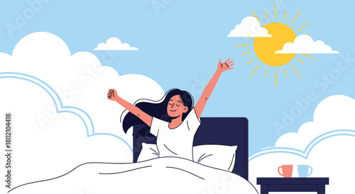 A woman stretches and smiles while waking up in bed on a bright, sunny morning, enjoying a peaceful start to the day and feeling refreshed.