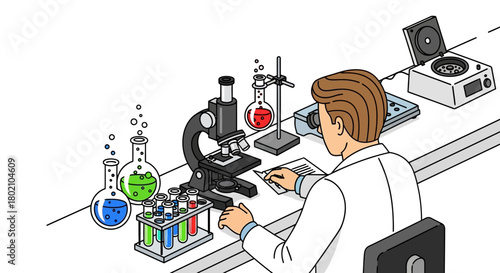 Scientist in lab coat observing through microscope, surrounded by beakers, test tubes, and scientific equipment, illustrating research and discovery