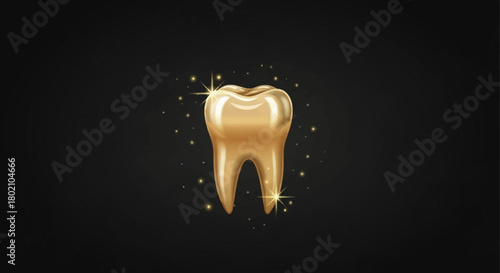 Realistic 3d rendering golden tooth with sparkling highlights and dark, textured, symbolizing dental health, wealth, and precious care