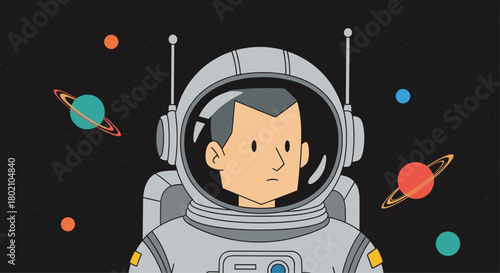 A thoughtful astronaut floats in the vastness of space, surrounded by colorful planets and stars, contemplating the universe and the mysteries it holds.