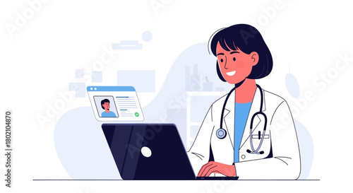 Smiling female doctor wearing stethoscope and coat, attentively working on laptop with patients profile displayed on screen, symbolizing telemedicine and online healthcare consultation