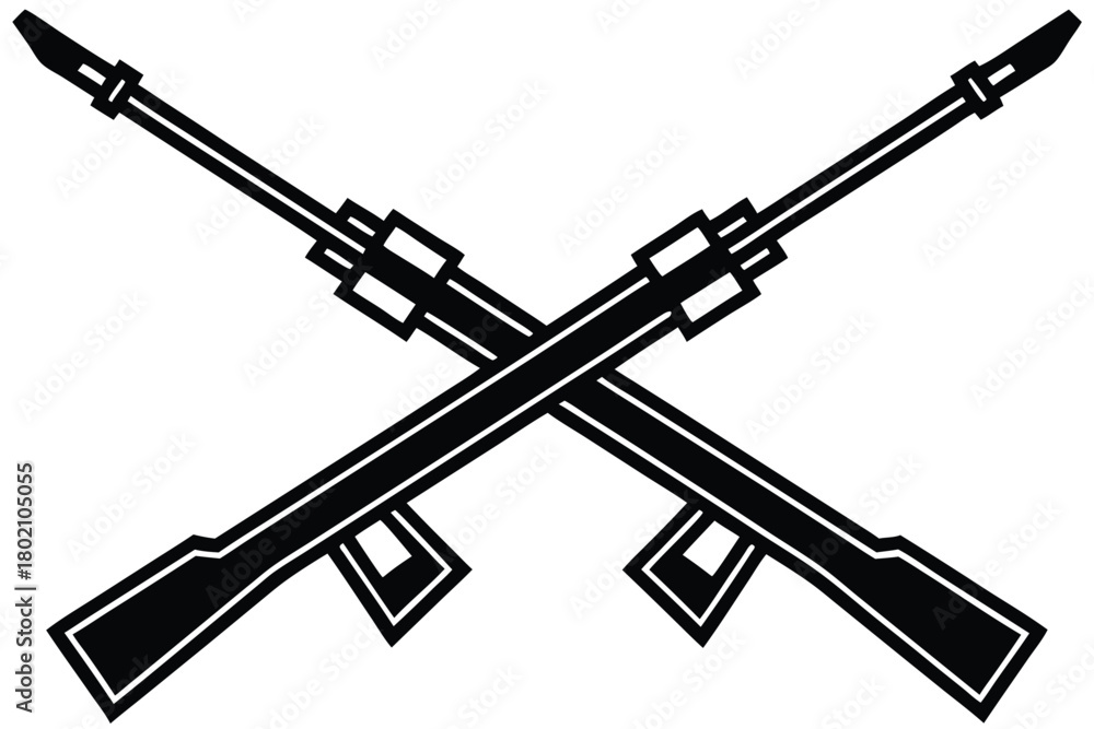 Obraz premium Two black detailed rifles are crossed, creating a striking military icon on transparent background
