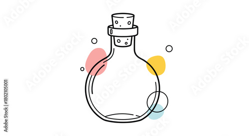 A whimsical line art illustration of a glass bottle with a cork stopper, accented with colorful abstract shapes and delicate circles, creating a playful and modern aesthetic.