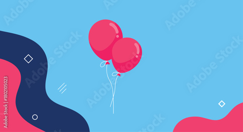 Festive celebration with two vibrant pink balloons floating against a light blue background with abstract shapes and colorful accents.