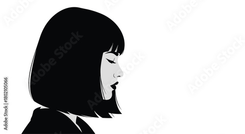 Elegant profile of a woman with short black hair, gazing downwards in a minimalist style, conveying introspection and quiet beauty.