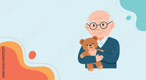 A kindly elderly man with glasses lovingly embraces a well-worn teddy bear, evoking feelings of nostalgia, comfort, and cherished memories from childhood.