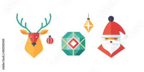 Modern geometric christmas icon illustration set. Geometric xmas holiday clip art element collection. Contemporary scandinavian style graphic. Santa hat, gift box, deer, ornament bauble bundle. icon
