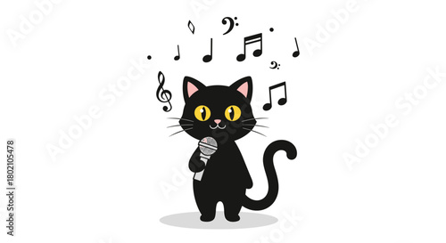 A charming illustration of a black cat singing into a microphone, surrounded by musical notes, creating a whimsical and joyful scene for music lovers.