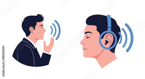 A man speaking to another man wearing headphones, illustrating communication, listening, and technology in a modern context.