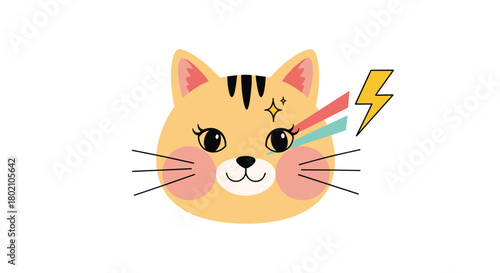 Adorable cartoon cat face with rosy cheeks and a playful lightning bolt, showcasing a whimsical and energetic design perfect for children's illustrations or branding.