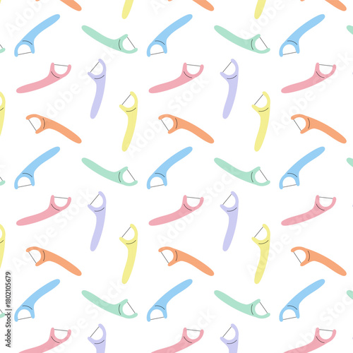 Seamless pastel dental floss pattern in clean flat style. Perfect for oral care branding, dental clinic materials, hygiene packaging and modern healthcare design.