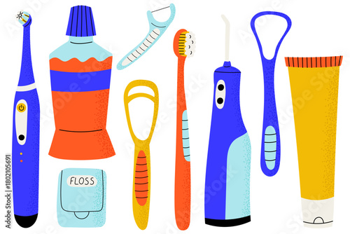Colorful flat style dental care tools set, including toothbrushes, toothpaste, mouthwash, floss, tongue cleaner and irrigator. Perfect for oral hygiene, medical graphics, packaging and clinic material