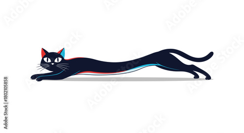 Stylized illustration of a sleek black cat stretching in a dynamic pose with vibrant red and blue light trails along its body, conveying speed and agility.