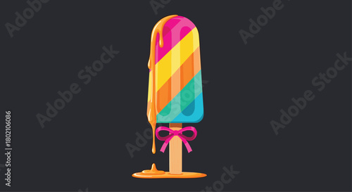 A vibrant, colorful popsicle with dripping honey and a pink ribbon, set against a dark gray background, evoking a sweet and summery feeling.