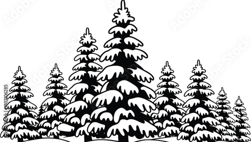 CAD drawing flat vector illustration of winter pine trees, snow forest landscape, christmas theme, black white outline, suitable for nature design, environmental illustrations, festive decorations, an
