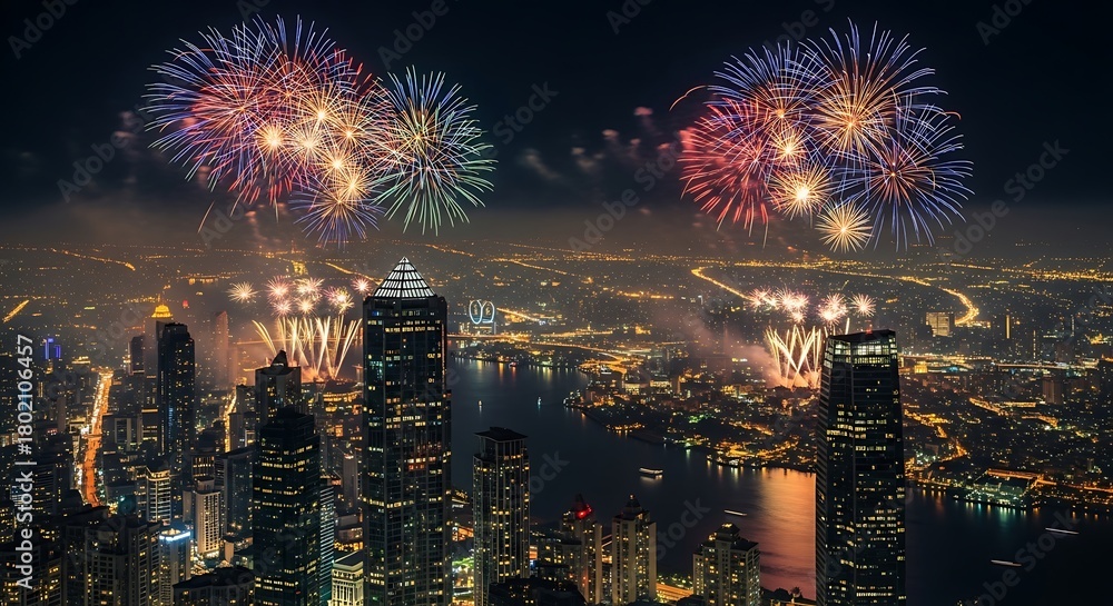 Obraz premium Fireworks illuminating a cityscape at night