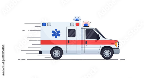 Side view speeding ambulance with flashing lights, symbolizing urgent medical transport and emergency response services in motion, depicted in dynamic flat style