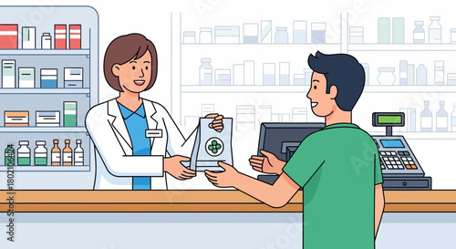 Friendly female pharmacist in coat handing paper bag with green cross symbol to male customer at the counter wellstocked pharmacy, with shelves medicines in the
