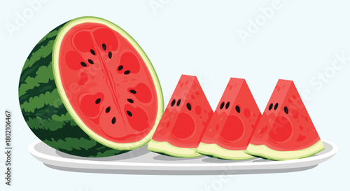 A vibrant illustration depicts a halved watermelon and several triangular slices arranged on a white plate, showcasing a refreshing summer fruit presentation.