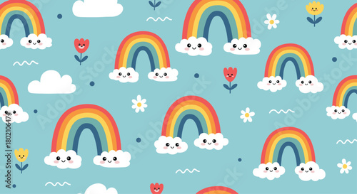 Cheerful pattern featuring colorful rainbows with smiling cloud faces, delicate flowers, and gentle wave motifs on a soft blue background.