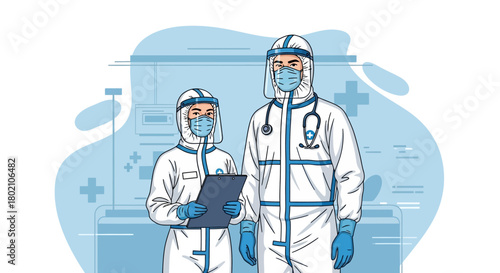 Two medical professionals in full protective suits and face shields, standing in hospital setting with medical symbols in the, isolated on