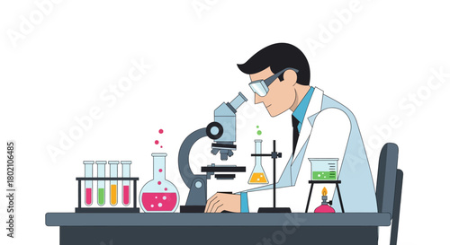 Scientist wearing glasses and lab coat, looking into microscope at desk with test tubes and beakers, isolated on