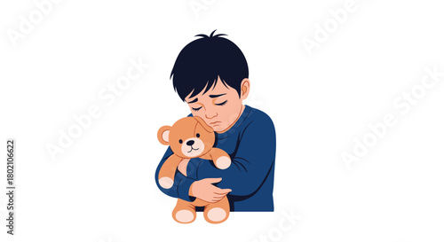 A sad young boy with dark hair hugs a teddy bear, looking downcast and experiencing feelings of sorrow or loneliness, conveying emotional vulnerability.