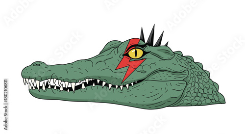 Stylized illustration of an alligator head with a red lightning bolt painted over one eye and sharp teeth, a unique and edgy design concept.