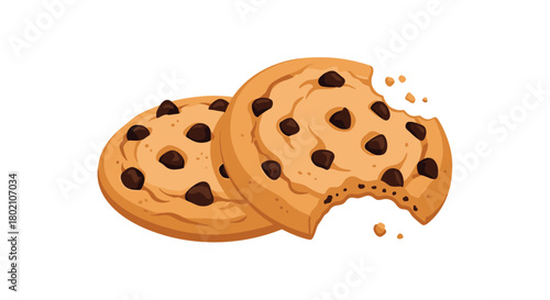 Two freshly baked chocolate chip cookies, one with a bite taken out, displayed against a clean white background, offering a tempting treat illustration.