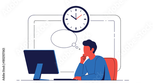 A man sits at a computer, deep in thought while looking at the screen, with a clock visible in the background suggesting time pressure or deadlines.